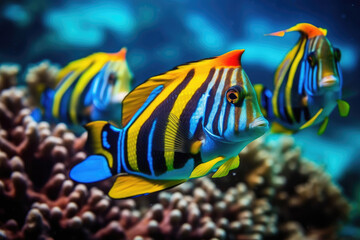 Great Barrier Reef Beautiful Cute Colorful Fishes extreme closeup. Generative AI