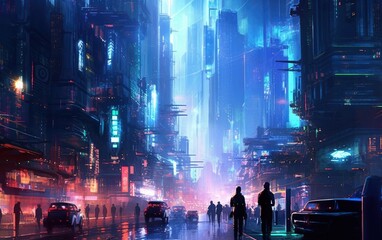 Illustration of neon light at night in a cyberpunk  futuristic city skyscraper. Generative AI.