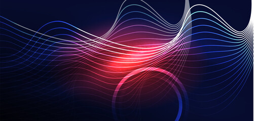 Neon laser lines, circles waves abstract background. Neon light or laser show, electric impulse, power lines, techno quantum energy impulse, magic glowing dynamic lines