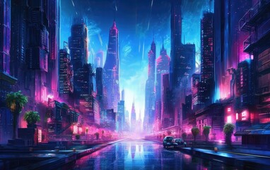 Fototapeta na wymiar Illustration of neon light at night in a cyberpunk futuristic city skyscraper. Generative AI.