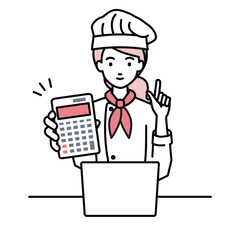 座ってデスクでノートPCを開いて電卓を持ってこちらに向けて見せている調理師の女性