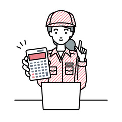 座ってデスクでノートPCを開いて電卓を持ってこちらに向けて見せている作業員の女性