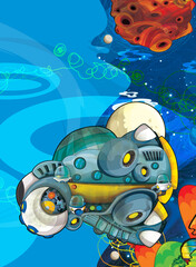 Cartoon funny colorful scene of cosmos galactic alien ufo space craft plane isolated illustration for children