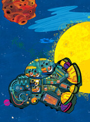 Fototapeta premium Cartoon funny colorful scene of cosmos galactic alien ufo space craft plane isolated illustration for children