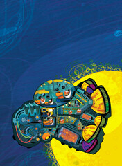 Cartoon funny colorful scene of cosmos galactic alien ufo space craft plane isolated illustration for children