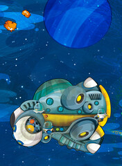Naklejka premium Cartoon funny colorful scene of cosmos galactic alien ufo space craft plane isolated illustration for children