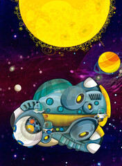 Naklejka premium Cartoon funny colorful scene of cosmos galactic alien ufo space craft plane isolated illustration for children