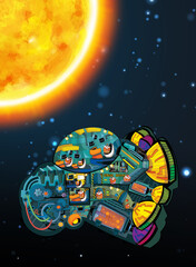 Naklejka premium Cartoon funny colorful scene of cosmos galactic alien ufo space craft plane isolated illustration for children