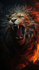Cinematic image lion with burning eyes made with generative AI