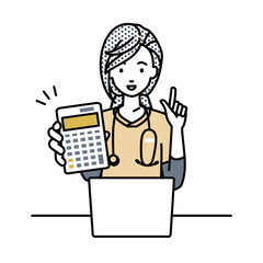 座ってデスクでノートPCを開いて電卓を持ってこちらに向けて見せている看護師の女性