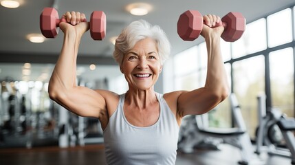 senior person exercising with dumbbells. senior woman exercise generative ai.  - obrazy, fototapety, plakaty