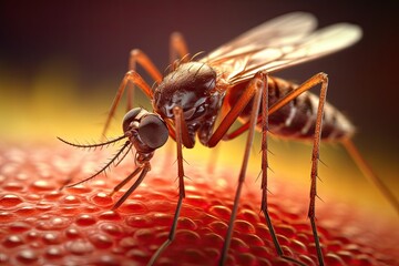 Naklejka premium Aedes mosquito that carries dengue fever, Zika virus is sucking blood on a person's skin. Mosquitoes are carriers of dengue fever and malaria. Chikungunya, Mayaro, Yellow fever. Generative Ai