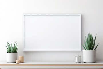 Obraz na płótnie Canvas Empty horizontal frame mockup in modern minimalist interior with plant in trendy vase on white wall background. Template for artwork, painting, photo 