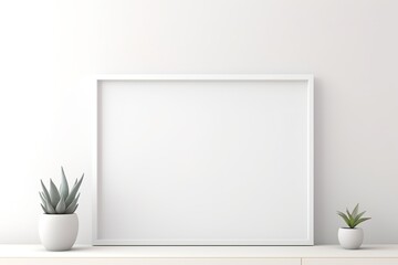 Empty horizontal frame mockup in modern minimalist interior with plant in trendy vase on white wall background. Template for artwork, painting, photo 