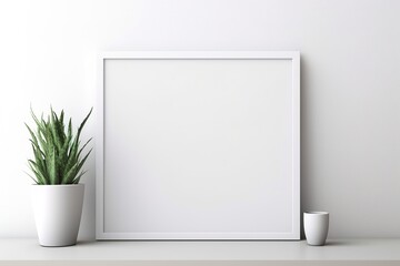 Empty horizontal frame mockup in modern minimalist interior with plant in trendy vase on white wall background. Template for artwork, painting, photo 