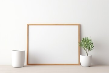 Fototapeta na wymiar Empty horizontal frame mockup in modern minimalist interior with plant in trendy vase on white wall background. Template for artwork, painting, photo 