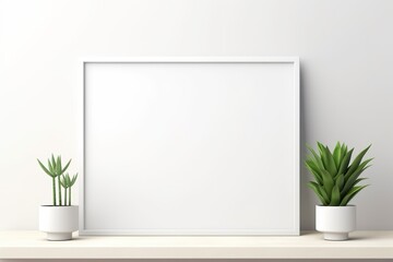 Fototapeta na wymiar Empty horizontal frame mockup in modern minimalist interior with plant in trendy vase on white wall background. Template for artwork, painting, photo 