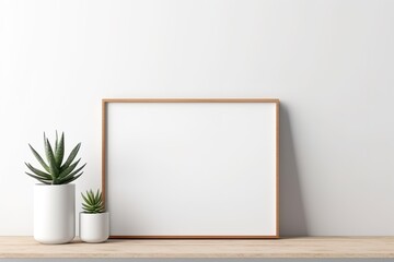 Empty horizontal frame mockup in modern minimalist interior with plant in trendy vase on white wall background. Template for artwork, painting, photo 
