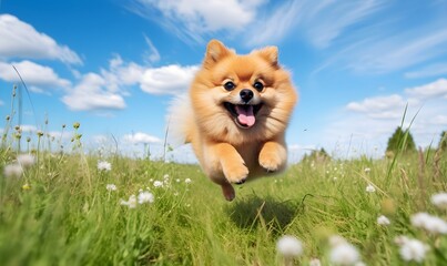 Happy Pomeranian dog running on the grass under the clear blue sky with daisy flower
