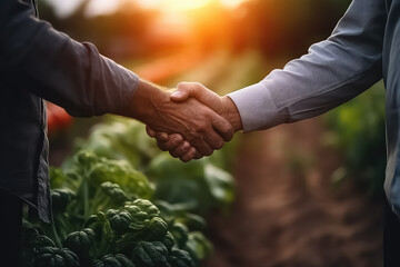 Handshake of two farmers against the backdrop of a wheat field at sunset.