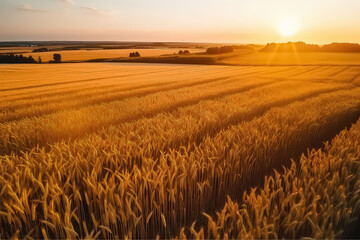 Wheat field at sunset in sunlight.