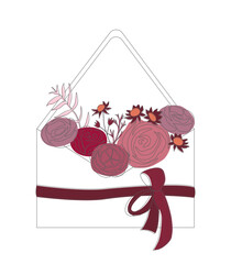 Vector floral card with burgundy flowers and ribbon in an envelope - 623983866