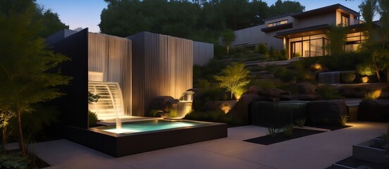 modern outdoor home with a cascading waterfall fountain that stretches across the garden like a wide banner.