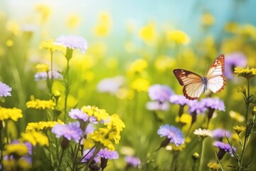 Cheerful spring summer shot of flowers and butterflies in meadow in nature outdoors on bright sunny day, macro. Soft selective focus, Generative AI