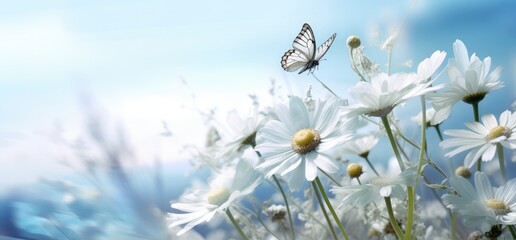 Cheerful spring summer shot of flowers and butterflies in meadow in nature outdoors on bright sunny day, macro. Soft selective focus, Generative AI