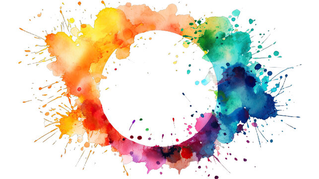 Abstract colorful rainbow color painting illustration - Circular circle frame made of watercolor splashes, isolated on white background (Generative Ai)