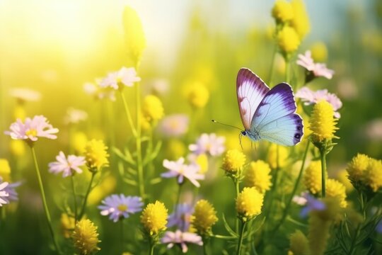 Cheerful spring summer shot of flowers and butterflies in meadow in nature outdoors on bright sunny day, macro. Soft selective focus, Generative AI