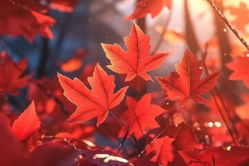 close-up of red maple falling leaves