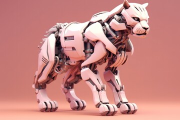 Obraz na płótnie Canvas Illustration of futuristic lion / tiger robot isolated on pastel color background, Generative AI