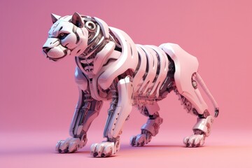 Illustration of futuristic lion / tiger robot isolated on pastel color background, Generative AI