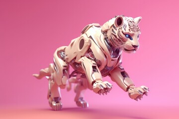 Illustration of futuristic lion / tiger robot isolated on pastel color background, Generative AI