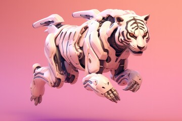 Illustration of futuristic lion / tiger robot isolated on pastel color background, Generative AI