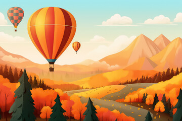 Hot air balloon over mountain autumn landscape