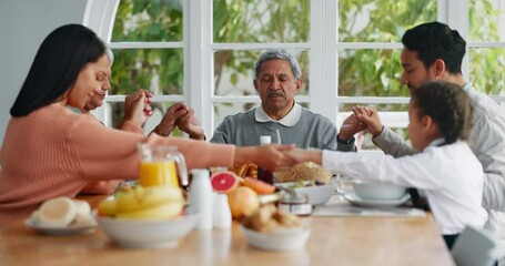 Breakfast, praying and gratitude with big family at table for food, morning and wake up. Love, support and brunch with people eating in dining room at home for nutrition, worship and health