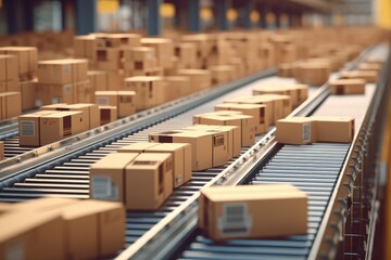 Cardboard boxes of packages seamlessly courier on production line in warehouse moving along a conveyor belt in a warehouse fulfillment center, Generative AI