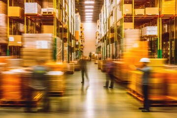 Fototapeta na wymiar Blurred image of warehouse employees logistics staff in uniform working in actions on forklift, Generative AI