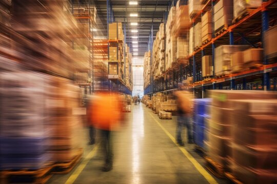 Blurred image of warehouse employees logistics staff in uniform working in actions on forklift, Generative AI