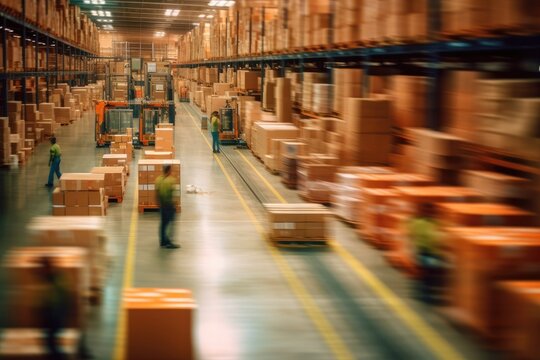 Blurred image of warehouse employees logistics staff in uniform working in actions on forklift, Generative AI
