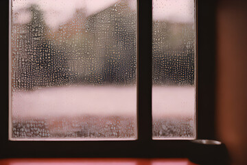 raindrops falling on the cafe window. Generative AI