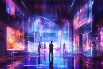 Illustration of living in the city of cyberpunk simulation and metaverse futuristic neon light glow, vr virtual reality , Generative AI - obrazy, fototapety, plakaty