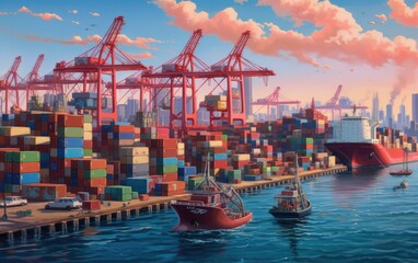 Fototapeta premium View of the harbor with container ships, Logistics and transportation of cargo ship, logistic import export and transport industry background, Generative AI