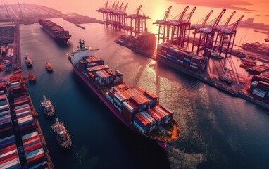 Fototapeta na wymiar View of the harbor with container ships, Logistics and transportation of cargo ship, logistic import export and transport industry background, Generative AI
