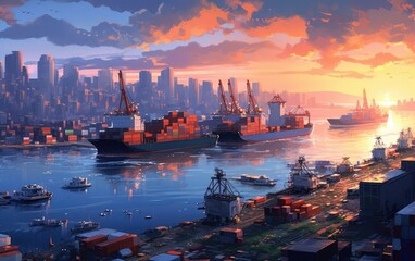 Naklejka premium View of the harbor with container ships, Logistics and transportation of cargo ship, logistic import export and transport industry background, Generative AI