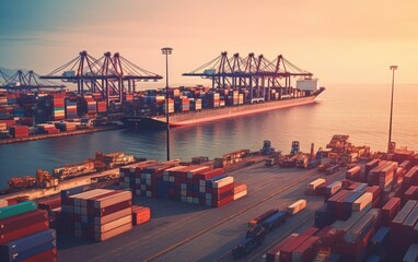 View of the harbor with container ships, Logistics and transportation of cargo ship,  logistic import export and transport industry background,  Generative AI