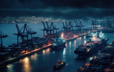 Fototapeta premium View of the harbor with container ships, Logistics and transportation of cargo ship, logistic import export and transport industry background, Generative AI