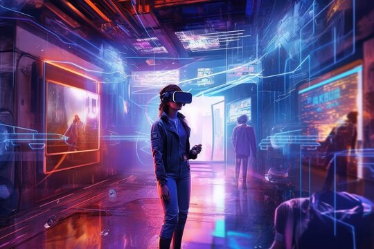 Illustration of living in the city of cyberpunk simulation and metaverse futuristic neon light glow, vr virtual reality , Generative AI